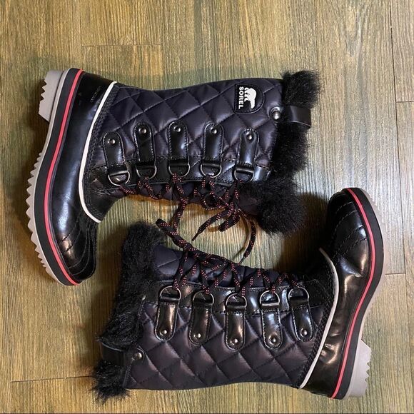 Sorel Tolfino Black Quilted Pink Faux Fur Waterproof Snow Winter Tall Boot 6 - Picture 5 of 14
